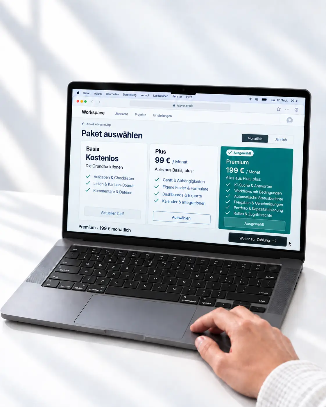 Beispiel einer Software: Auf einem MacBook ist das Premium-Paket mit zusätzlichen Funktionen ausgewählt.
